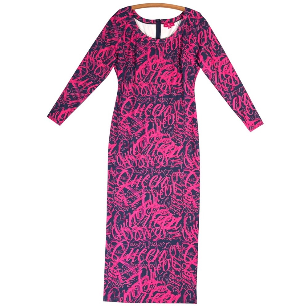 Sassy Jones Queen Graffiti Bodycon Maxi Dress Pink Navy Blue Long Sleeve Size L